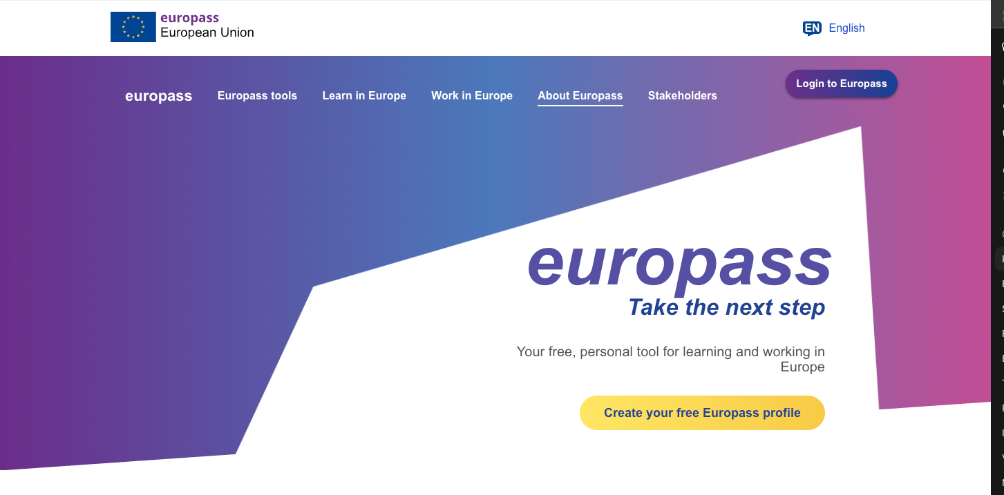 Screenshot of the Europass homepage